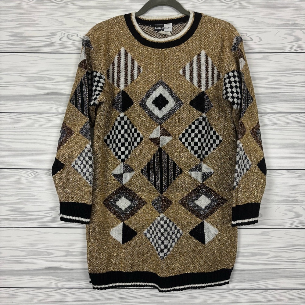 Vintage 90’s Beldoch Popper Geometric Print Gold Acrylic Sweater Size Medium - Picture 1 of 10